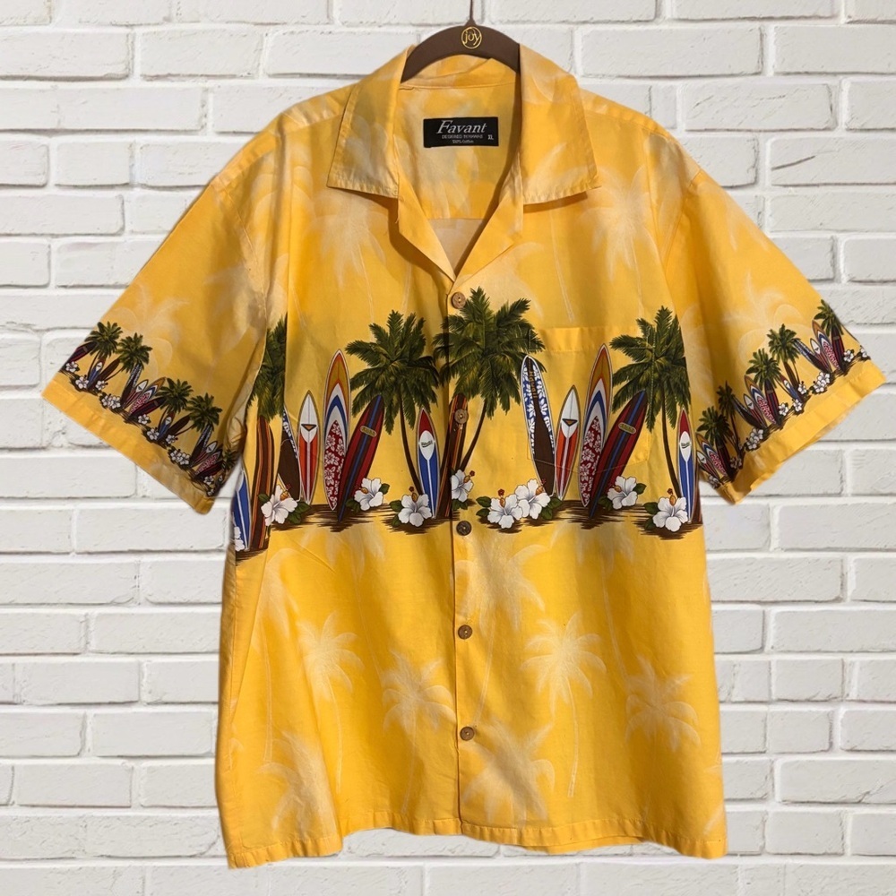 Favant Hawaiian Shirt XL Surfboard Palm Tree Print 100% Cotton Aloha Vibes